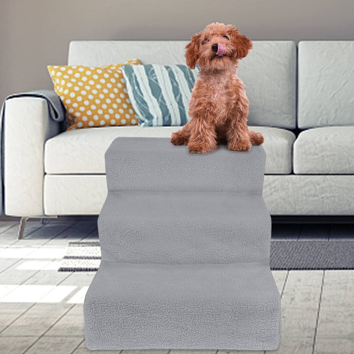 Scara pentru Animale de Companie, 3 Trepte Detasabile pentru Caini si Pisici, Structura PP cu Husa din Plus, 45x35x30 cm, Gri