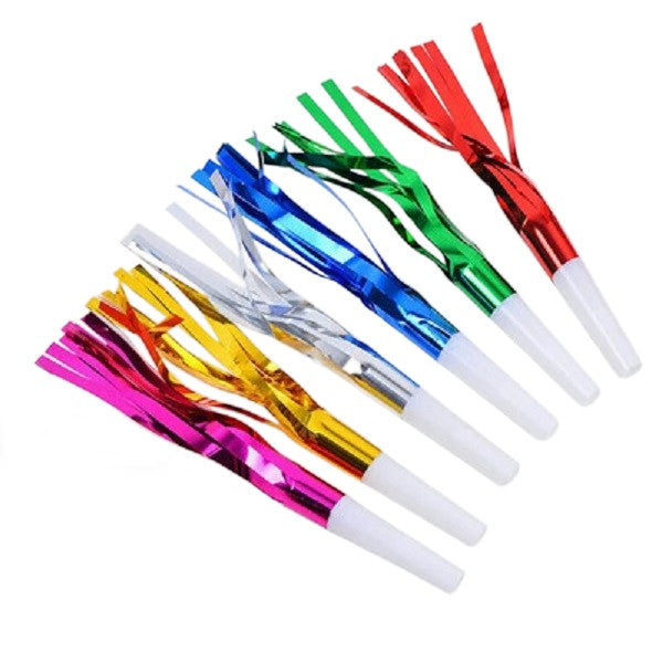 Set Fluiere Party cu Franjuri pentru Copii, Accesorii Aniversare si Evenimente Festive, Plastic, Multicolor, 6 Bucati