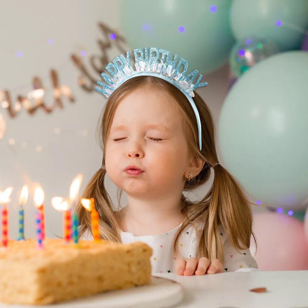 Coroniță Decorativă Happy Birthday, Accesoriu Petrecere Aniversară, Plastic cu Paiete Laser și Sclipici, Mărime Universală Ajustabilă, Albastru