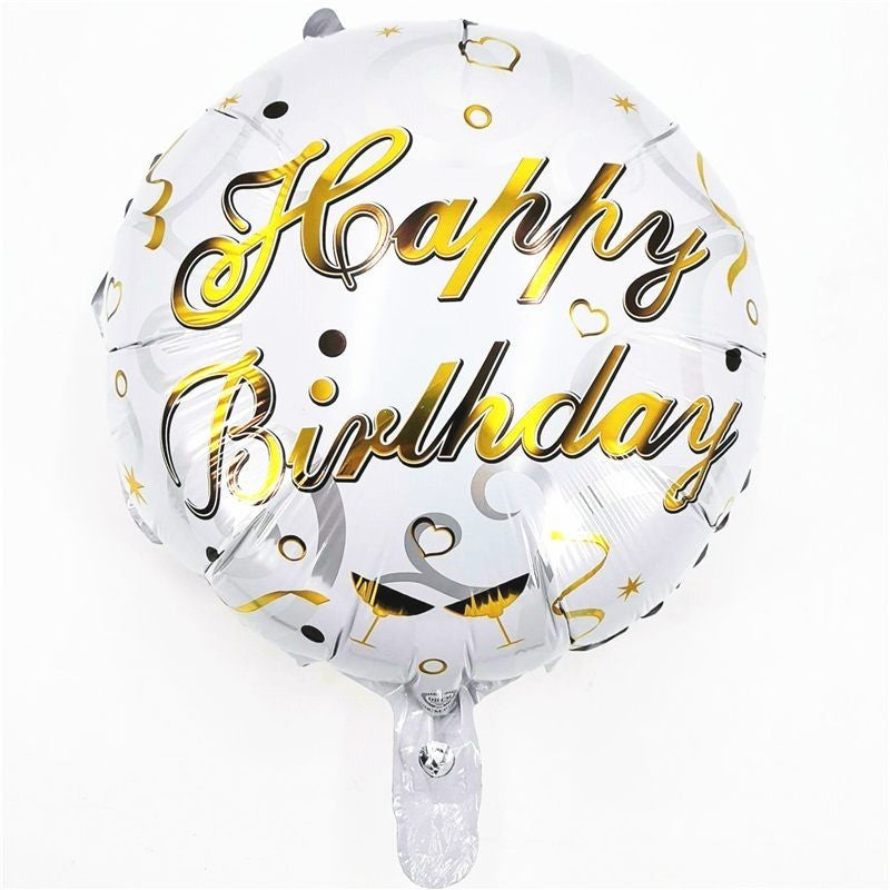 Balon Aniversar Happy Birthday, Figurina Rotunda din Folie Metalizata, Umflare Aer sau Heliu, Set cu Pai Inclus, Argintiu, 45 cm