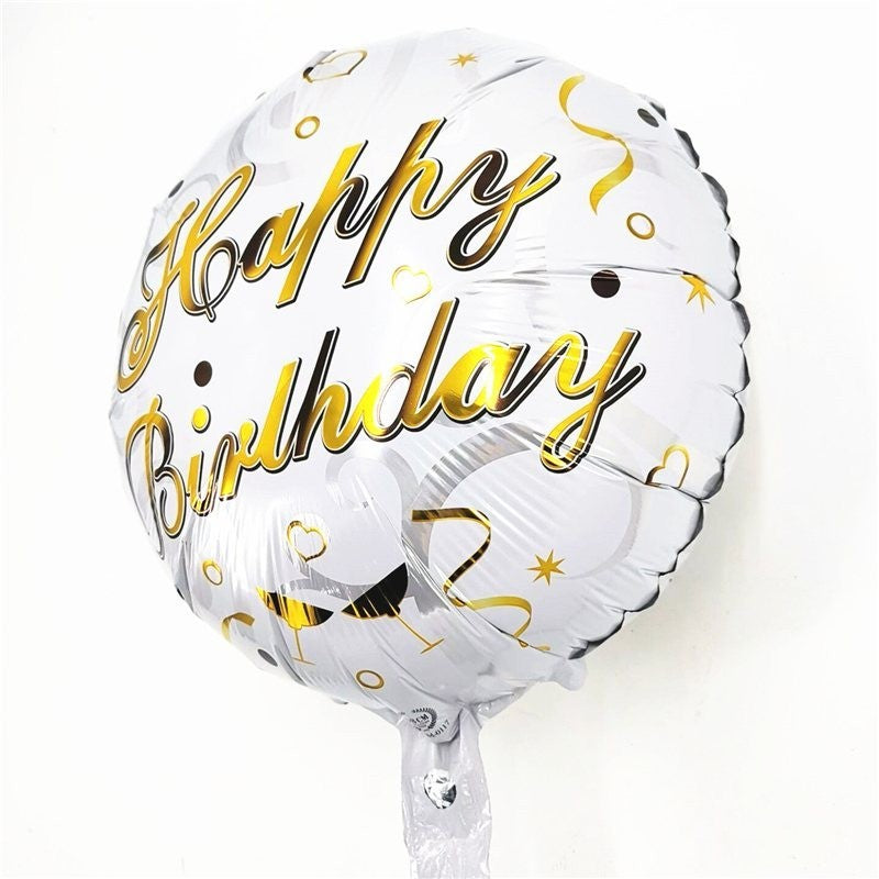 Balon Aniversar Happy Birthday, Figurina Rotunda din Folie Metalizata, Umflare Aer sau Heliu, Set cu Pai Inclus, Argintiu, 45 cm