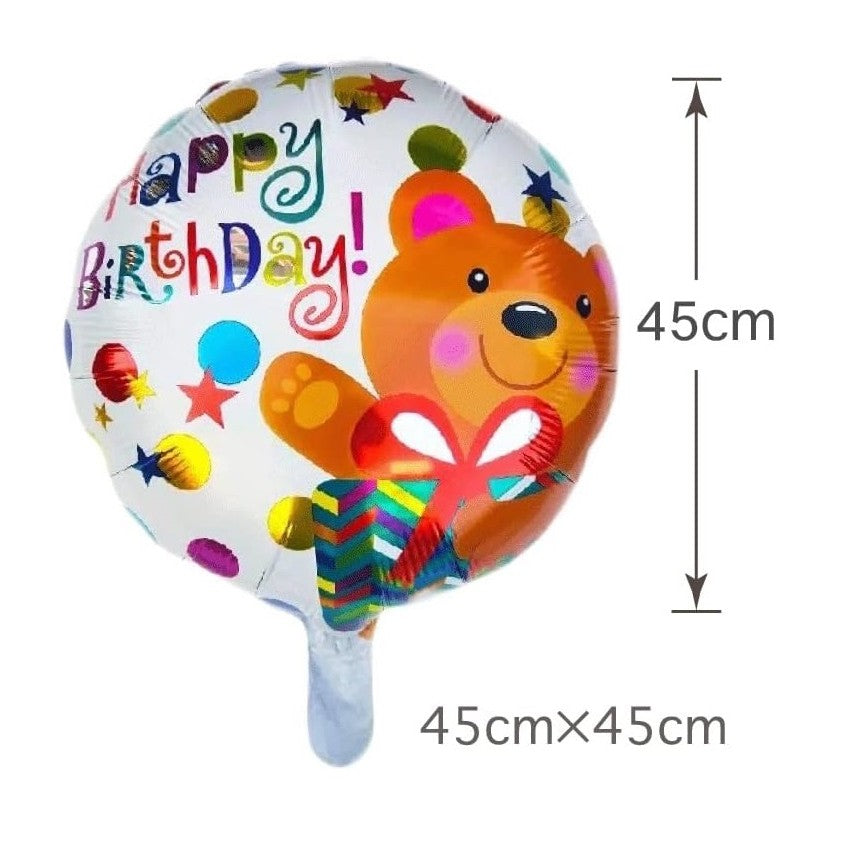 Balon Aniversar Happy Birthday, Figurina Rotunda cu Ursulet, Folie Metalizata, Umflare Aer sau Heliu, Pai Inclus, 45 cm, Maro