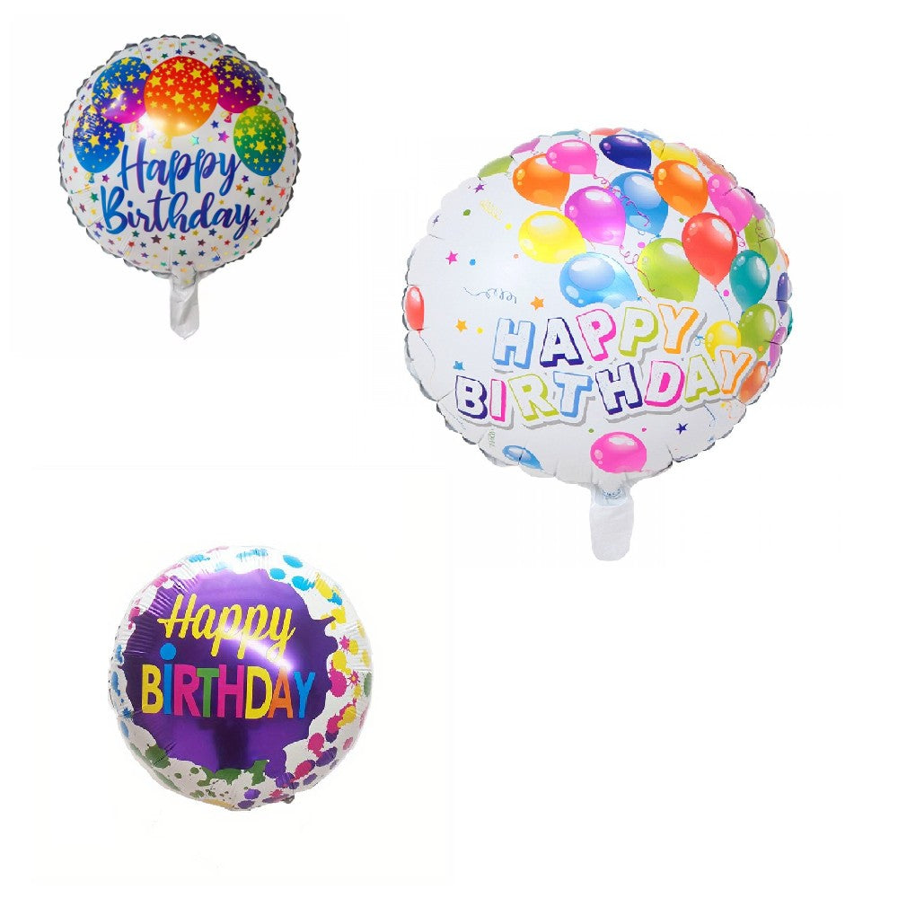 Set 3 Baloane Happy Birthday, Figurina Rotunda din Folie Metalizata, Umflare cu Aer sau Heliu, Diametru 45 cm, Pai Inclus, Multicolor