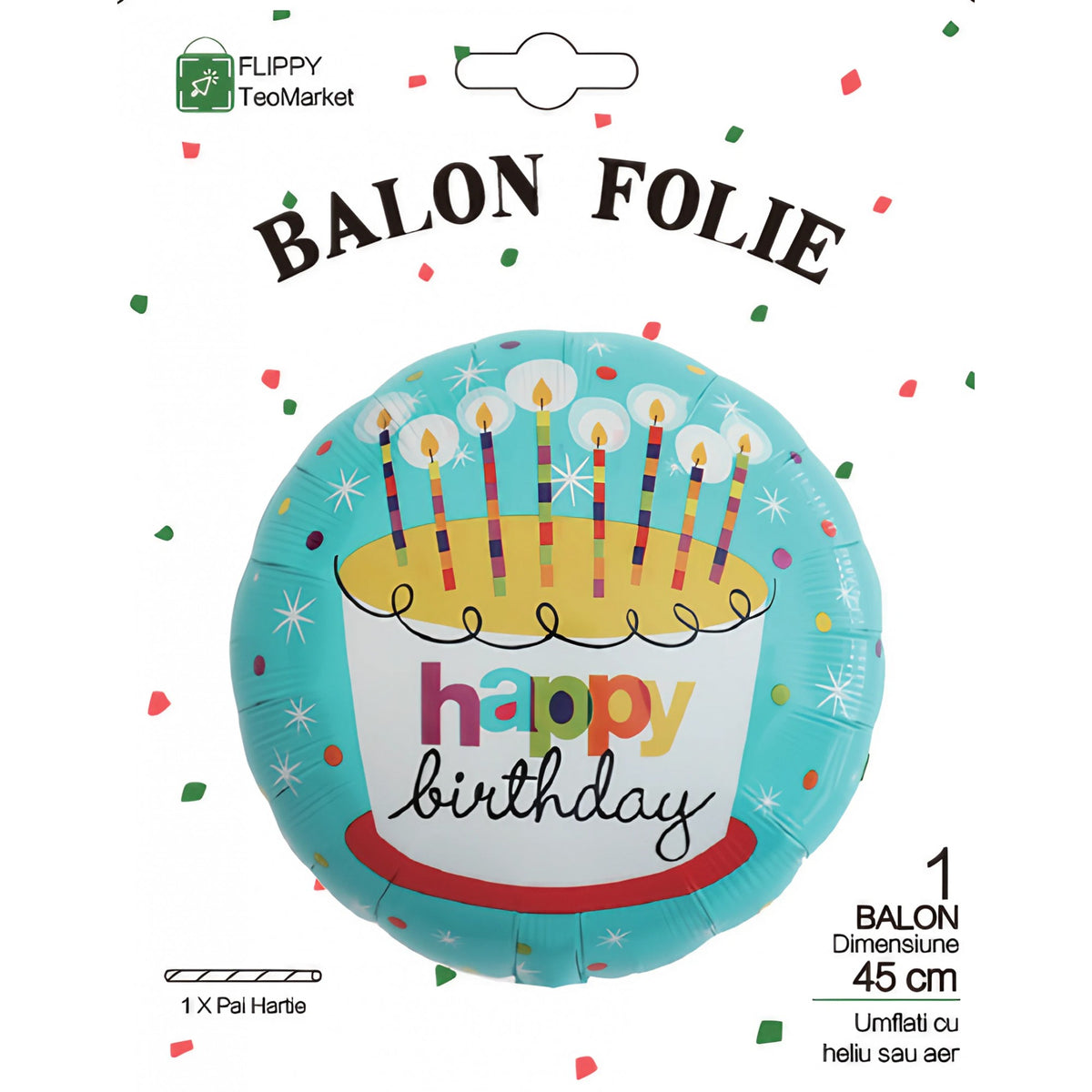 Balon Aniversar Happy Birthday, Figurina Rotunda cu Model Tort, Folie Metalizata, Umflare Aer sau Heliu, include Pai, 45 cm, Albastru