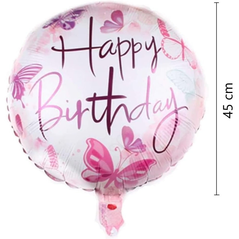 Balon Aniversar Happy Birthday cu Fluturasi, Figurina Rotunda din Folie Metalizata, Umflare Aer sau Heliu, include Pai, 45 cm, Roz