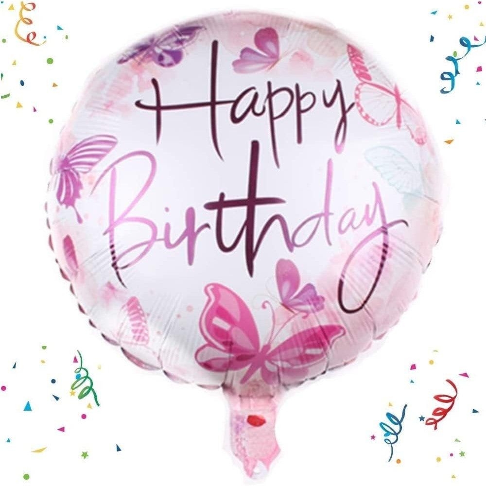 Balon Aniversar Happy Birthday cu Fluturasi, Figurina Rotunda din Folie Metalizata, Umflare Aer sau Heliu, include Pai, 45 cm, Roz