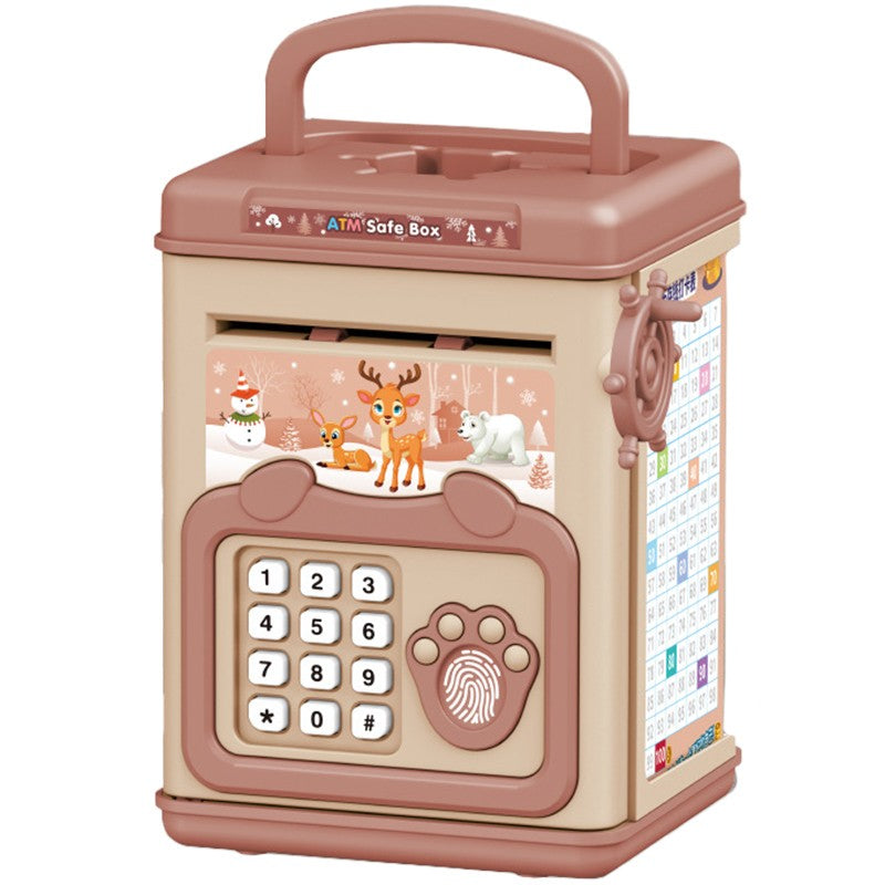 Pusculita pentru Copii Smart Box, Seif Electronic Tip ATM cu Efecte Sonore si Muzica, Slot Automat pentru Bancnote, Parola si Amprenta, Plastic Rezistent, 20 x 13.5 x 11.5 cm, Roz