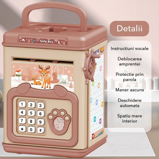 Pusculita pentru Copii Smart Box, Seif Electronic Tip ATM cu Efecte Sonore si Muzica, Slot Automat pentru Bancnote, Parola si Amprenta, Plastic Rezistent, 20 x 13.5 x 11.5 cm, Roz