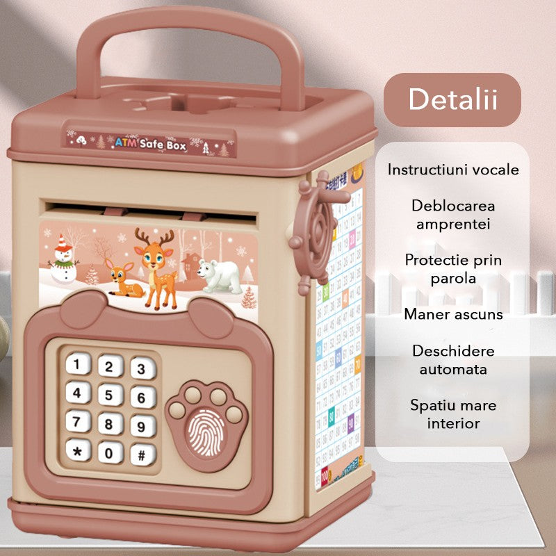 Pusculita pentru Copii Smart Box, Seif Electronic Tip ATM cu Efecte Sonore si Muzica, Slot Automat pentru Bancnote, Parola si Amprenta, Plastic Rezistent, 20 x 13.5 x 11.5 cm, Roz
