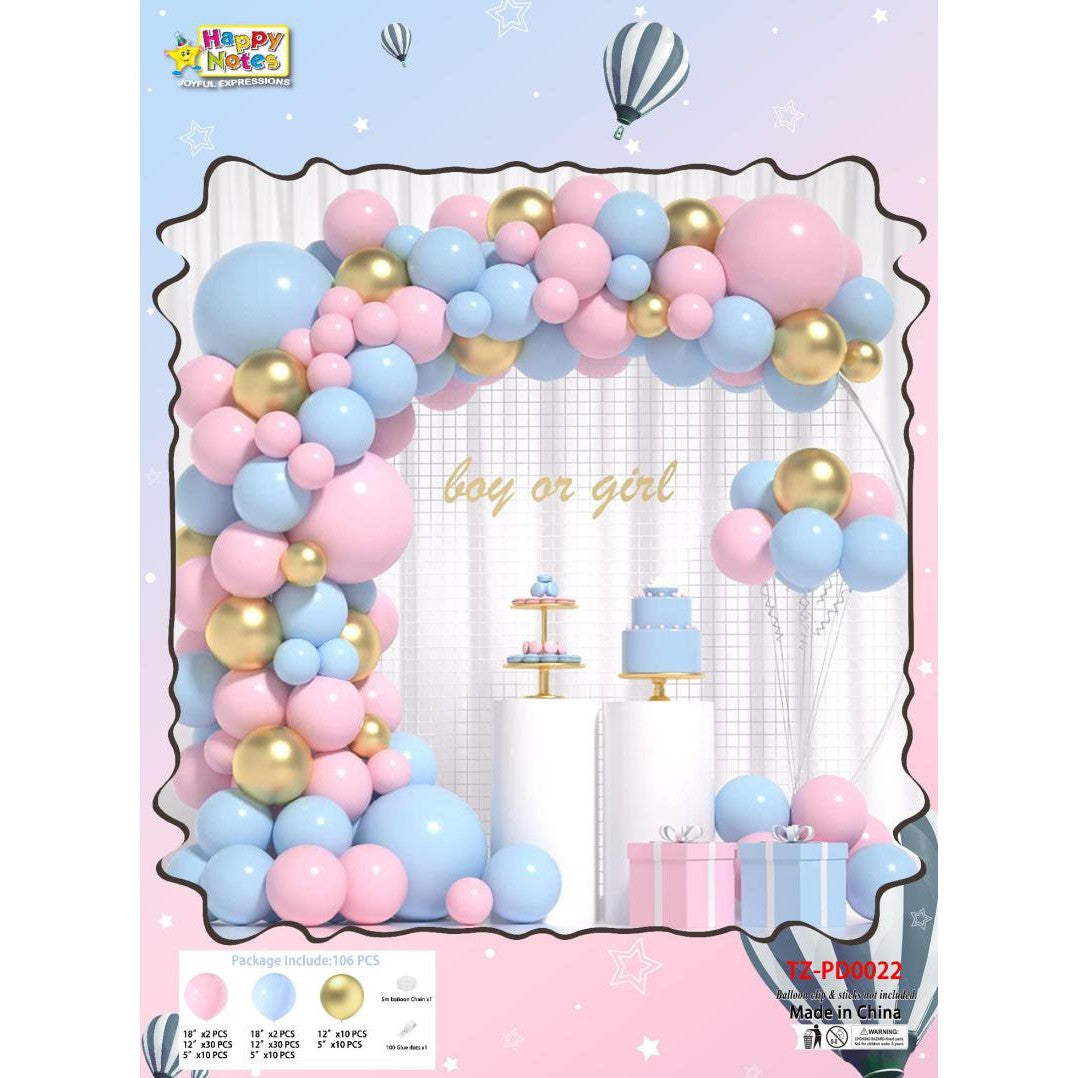 Set Arcada Baloane Baby Shower, Decoratiuni Petrecere din Latex, Kit 106 Piese, Marimi Mixte 12-30-45 cm, Roz, Albastru si Auriu