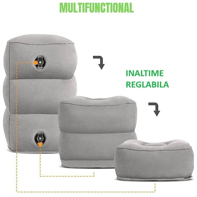 Perna Gonflabila Multifunctionala pentru Picioare si Cap, 3 Straturi cu Inaltime Reglabila, Suport Calatorii Avion si Masina, Material PVC, 42.9 x 25.4 x 17.8 cm, Gri Inchis
