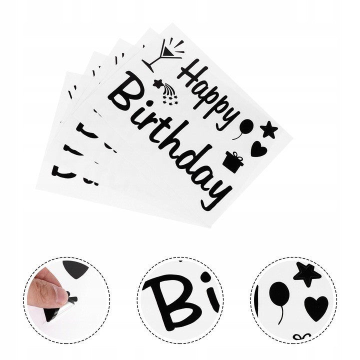 Sticker Autocolant pentru Baloane si Decoratiuni, Tematica Aniversare, Model Scris Happy Birthday, Material Vinil Rezistent, 29 x 21 cm, Negru