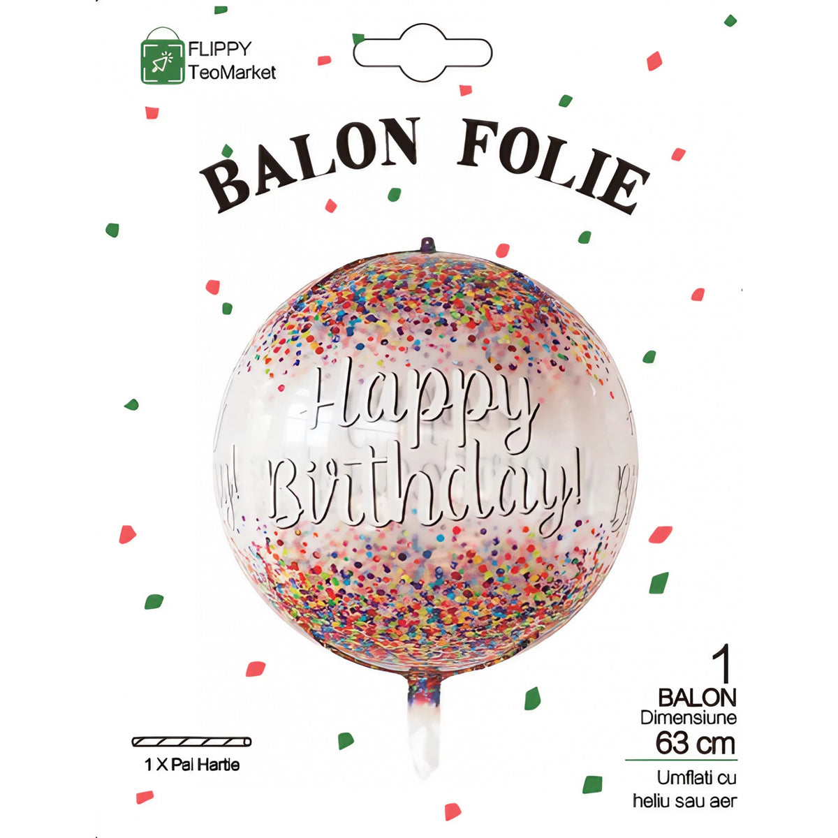 Balon din Folie Metalizata, Figurina Rotunda 4D, Model Happy Birthday, Tema Aniversare, Umflare Aer sau Heliu, include Pai, 24 x 63 cm, Maro