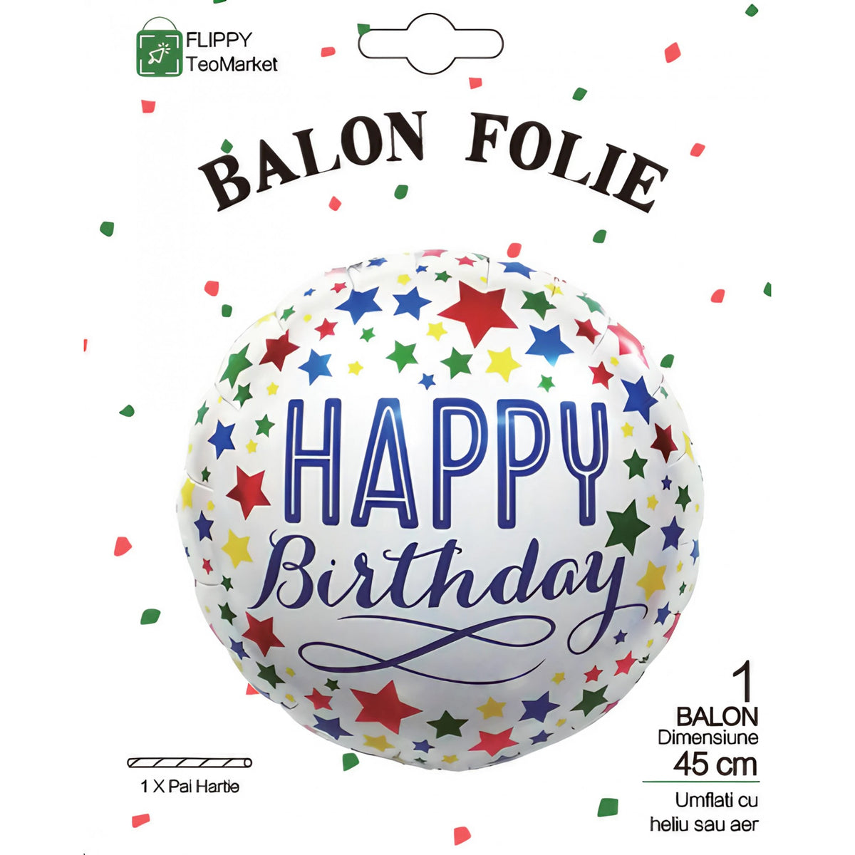 Balon Aniversar Happy Birthday, Figurina Rotunda din Folie Metalizata, Umflare cu Aer sau Heliu, Ambalaj Individual cu Pai Inclus, 45 cm, Multicolor