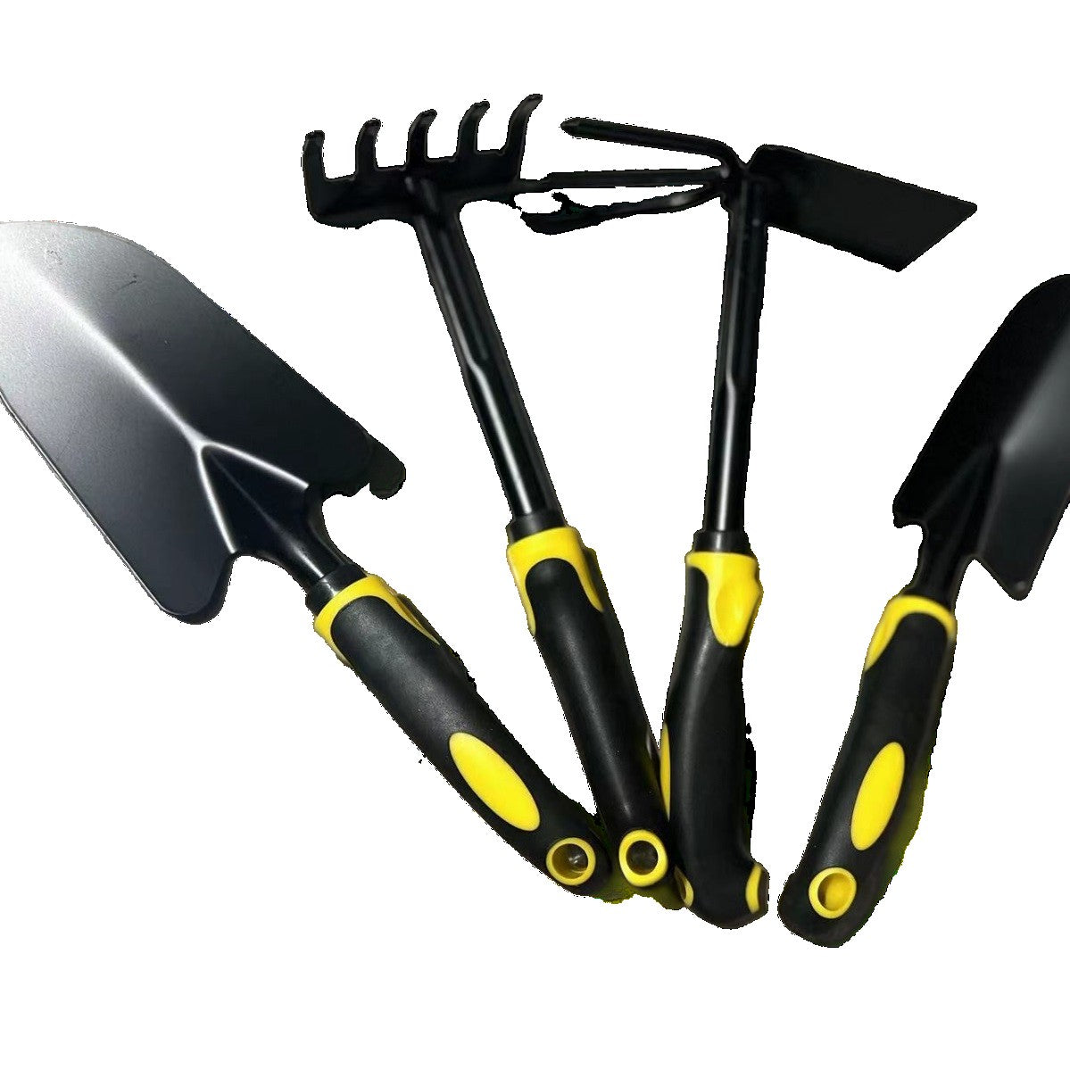 Set 4 Unelte Gradina Pentru Plantare Si Ingrijire, Grebla, Sapaliga Dubla Si 2 Lopeti, Otel Carbon Si PVC, 43 x 11 cm, Negru/Galben