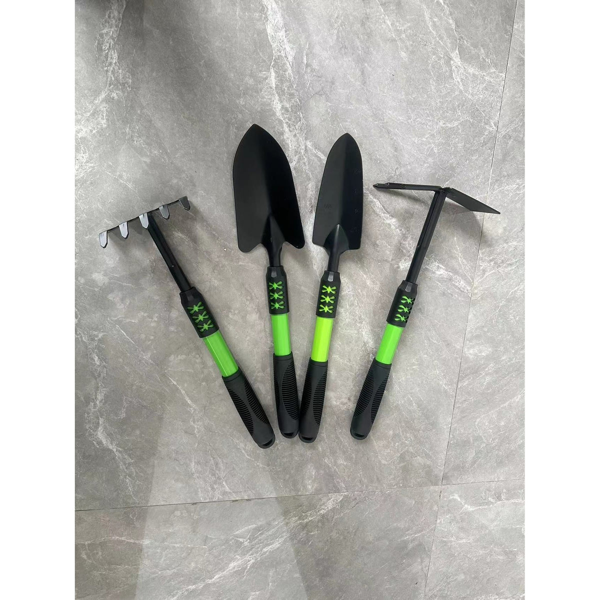 Set 4 Unelte Grădinărit, Oțel Carbon și Mâner PVC, Greblă, Săpăligă, Lopată Lată și Îngustă, Negru/Verde, 43 x 11 cm