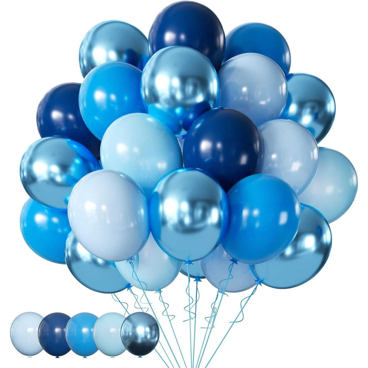 Set 10 Baloane Latex Chrome, Model Party pentru Petreceri, Efect Metalizat, Diferite Nuante Albastru, 23 cm, 2.2 g