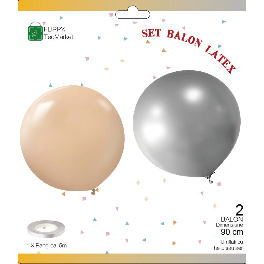 Set 2 Baloane Latex Party Jumbo, Baloane Gigant pentru Aer sau Heliu, Biodegradabile, 90 cm, Auriu si Argintiu, 35 g
