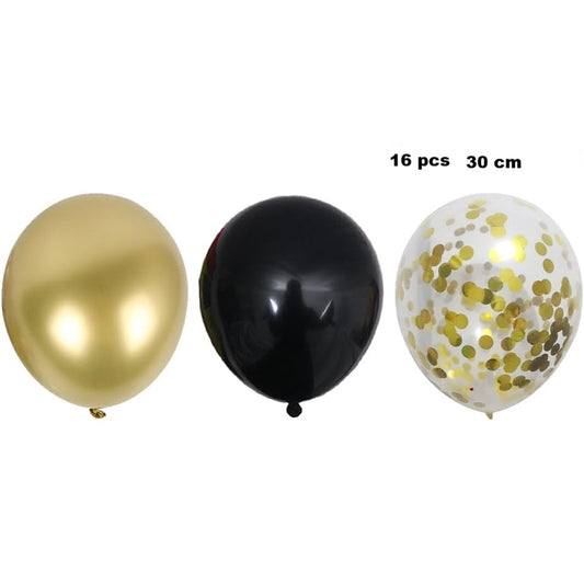 Set 16 Baloane Party din Latex și Confetti, Accesorii Decor Petrecere, Compatibile Aer sau Heliu, 30 cm, Auriu și Negru