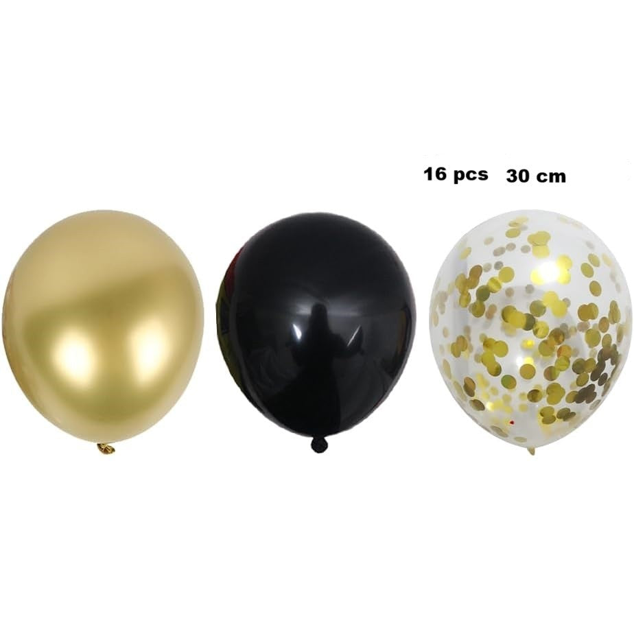 Set 16 Baloane Party din Latex și Confetti, Accesorii Decor Petrecere, Compatibile Aer sau Heliu, 30 cm, Auriu și Negru