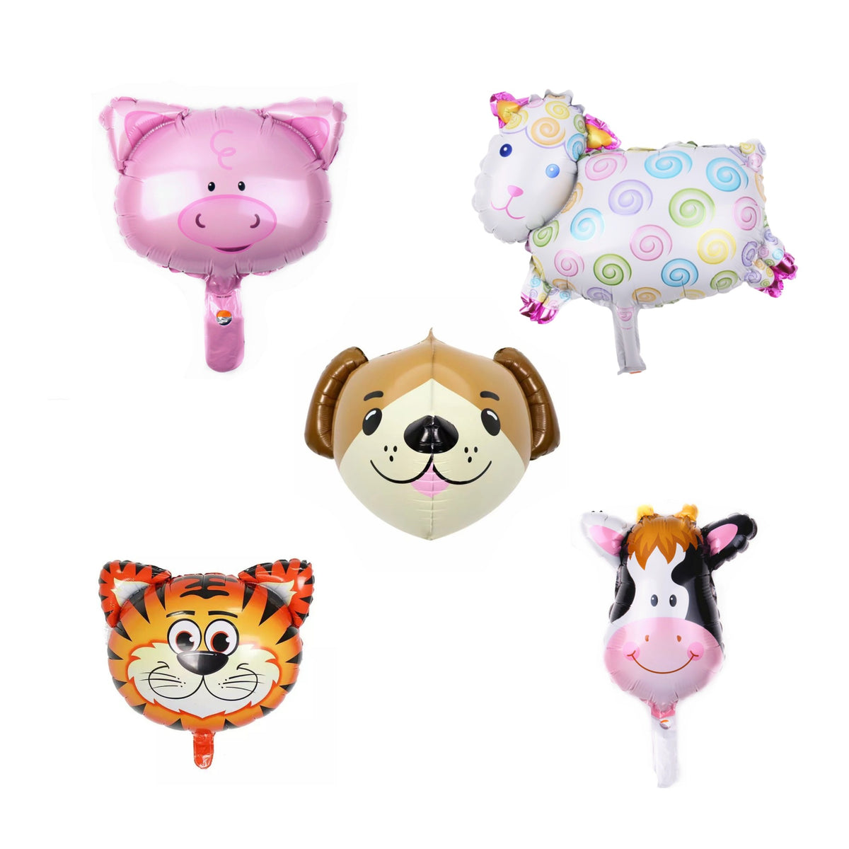 Set 5 Baloane din Folie Metalizata, Figurine Animale Domestice pentru Petrecere, Compatibile cu Aer sau Heliu, include Pai Umflare, Multicolor, 30 cm