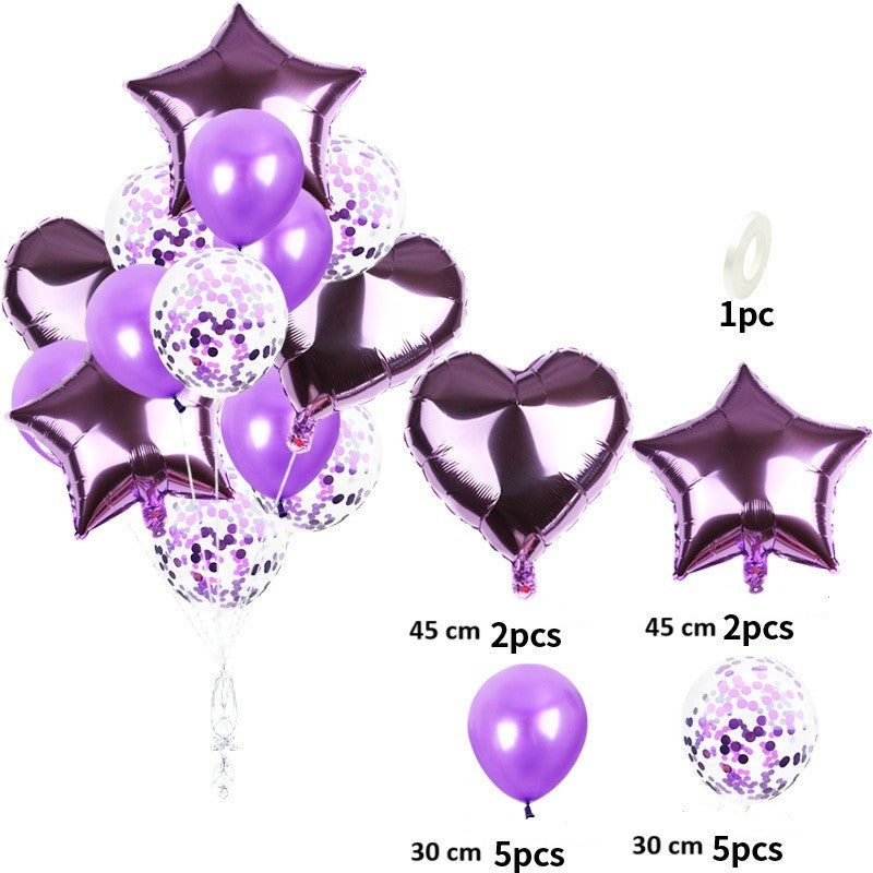 Set 14 Baloane Petrecere, Buchet Figurine Stea și Inimă din Folie Metalizată și Latex, Pai Inclus, Umflare Aer sau Heliu, Mov, 30-45 cm