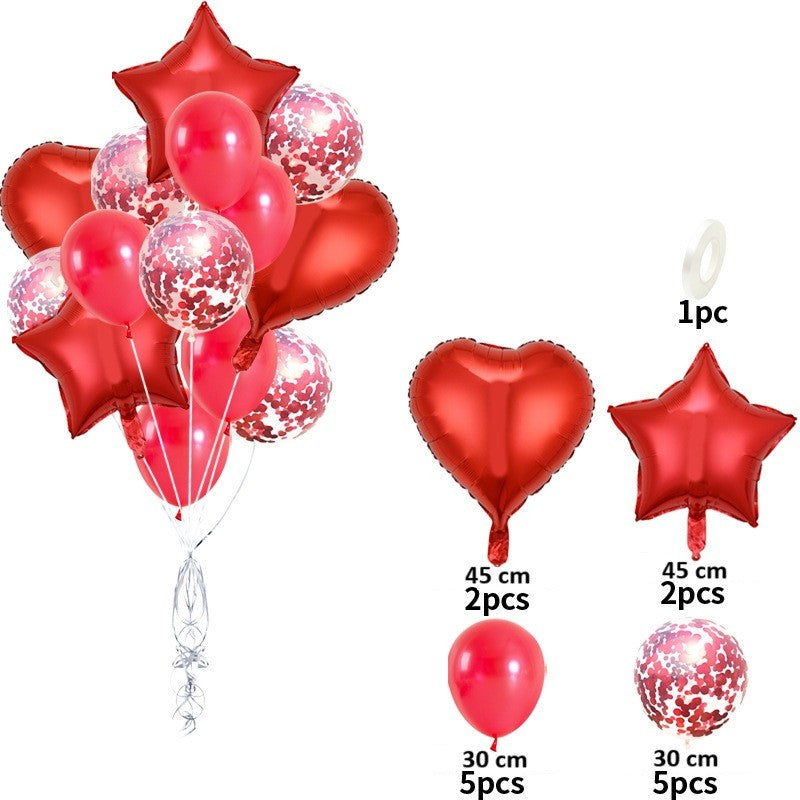 Set 14 Baloane Petrecere Tip Buchet, Figurine Stea si Inima 45 cm, Latex 30 cm, Folie Aluminiu, Umflare Aer sau Heliu, Pai Inclus, Rosu