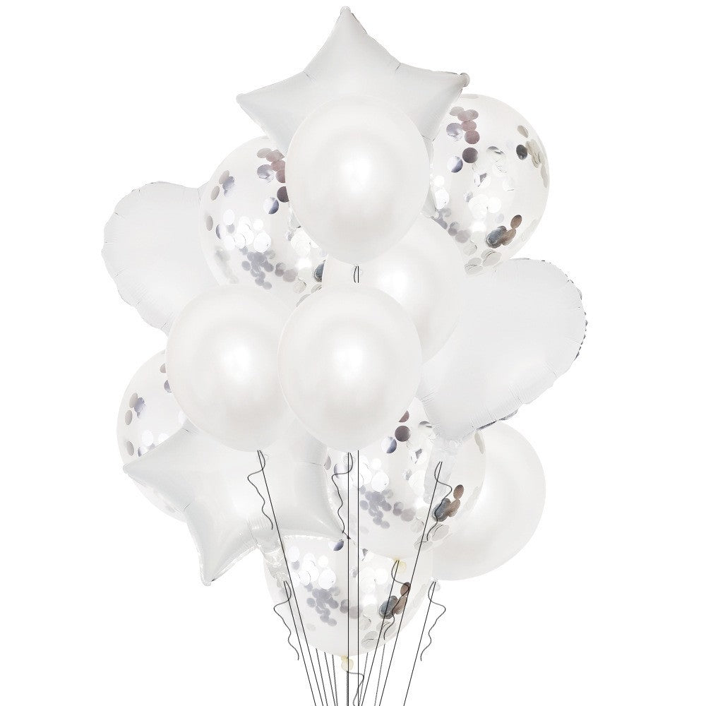 Set 14 Baloane Petrecere, Buchet Figurine Inimă și Stea 45 cm, Baloane Latex 30 cm, Umflare Aer sau Heliu, Folie Metalizată, Pai Inclus, Argintiu