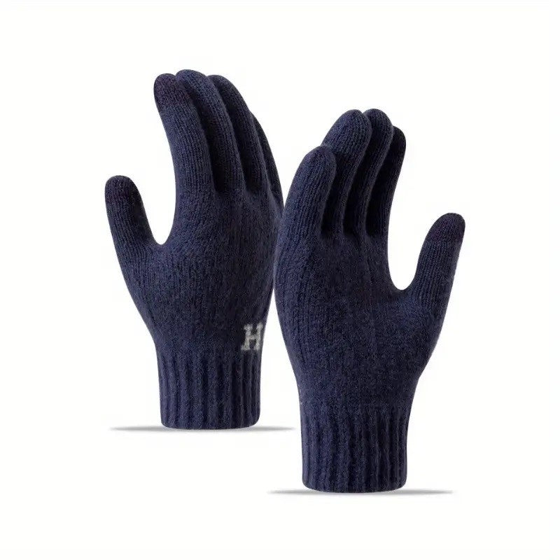 Manusi Barbati Model H, Functie Touchscreen pentru Ecran Tactil, Acril Tricotat cu Interior Catifelat si Manseta Elastica, Antiderapante, Marime Universala, Albastru Marin