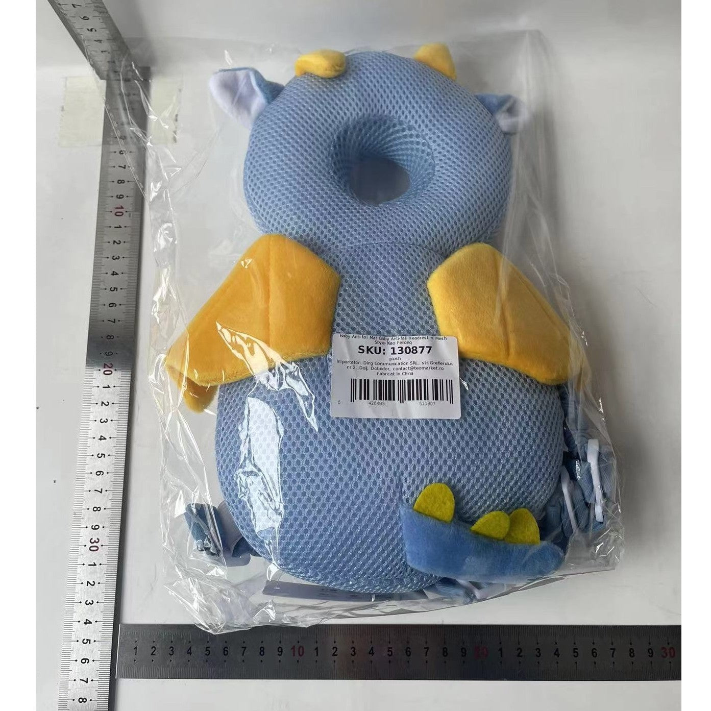 Perna Protectie Cap Bebelusi Tip Rucsac, Tetiera Antireflux pentru Mers si Gat, Model Dragon, Plus Moale si Plasa Respirabila, Bretele Ajustabile, 33x19x6 cm, Albastru