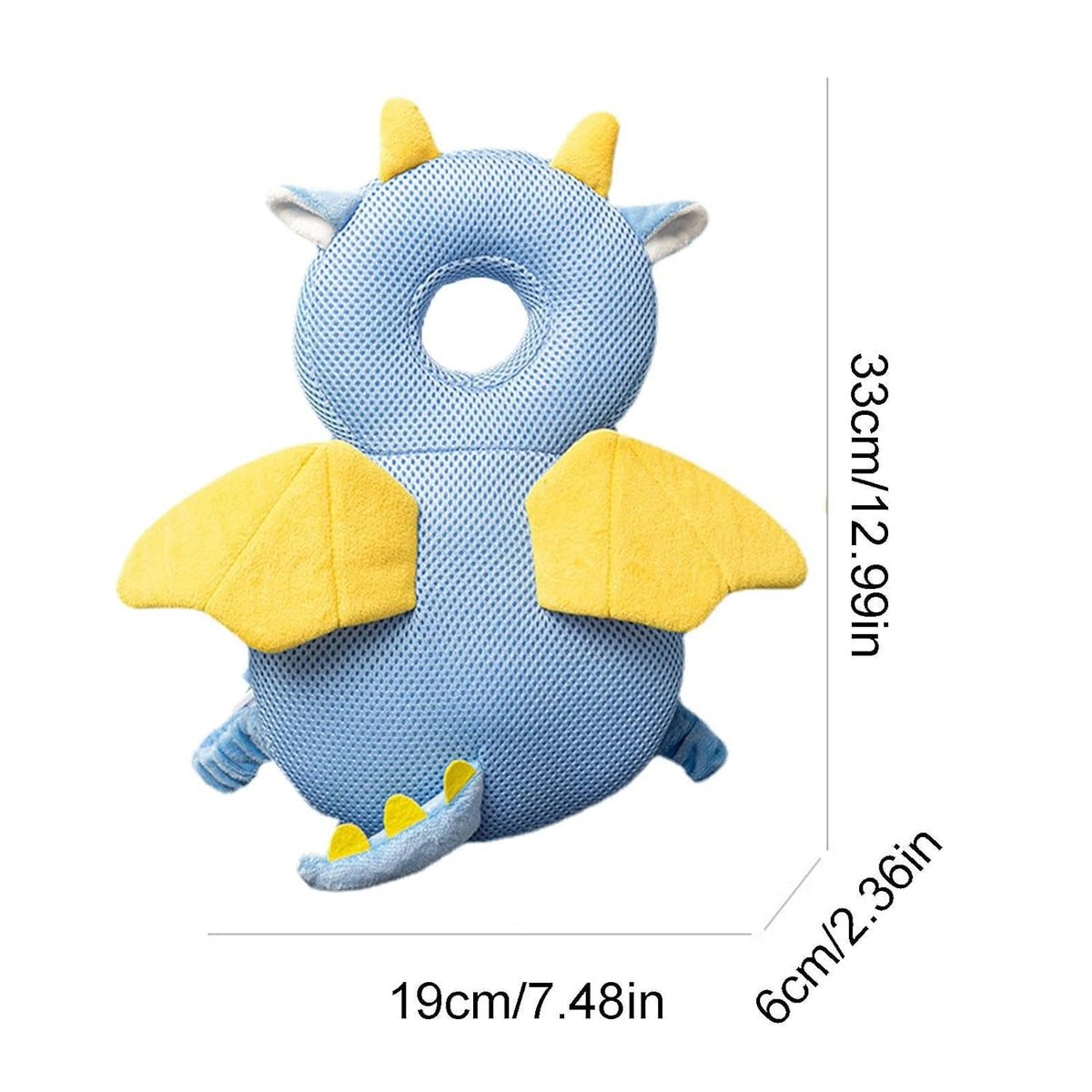 Perna Protectie Cap Bebelusi Tip Rucsac, Tetiera Antireflux pentru Mers si Gat, Model Dragon, Plus Moale si Plasa Respirabila, Bretele Ajustabile, 33x19x6 cm, Albastru