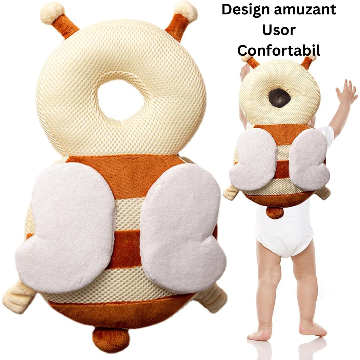Perna Protectie Cap Bebelusi, Rucsac Protectie Anti-Cadere cu Bretele Ajustabile, Model Albina, Plus Moale si Respirabil, 33x19x6 cm, Maro/Bej