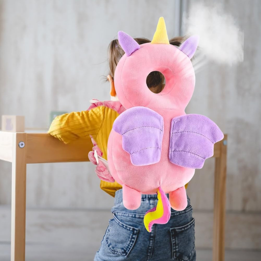 Perna Protectie Cap Bebelusi Tip Rucsac, Tetiera Antireflux cu Bretele Ajustabile, Plus Moale si Bumbac PP, Design Unicorn, Roz, 33x19x6 cm