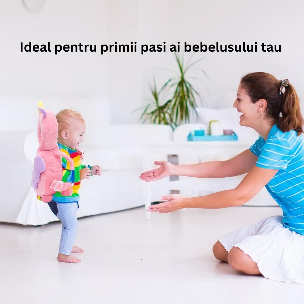 Perna Protectie Cap Bebelusi Tip Rucsac, Tetiera Antireflux cu Bretele Ajustabile, Plus Moale si Bumbac PP, Design Unicorn, Roz, 33x19x6 cm