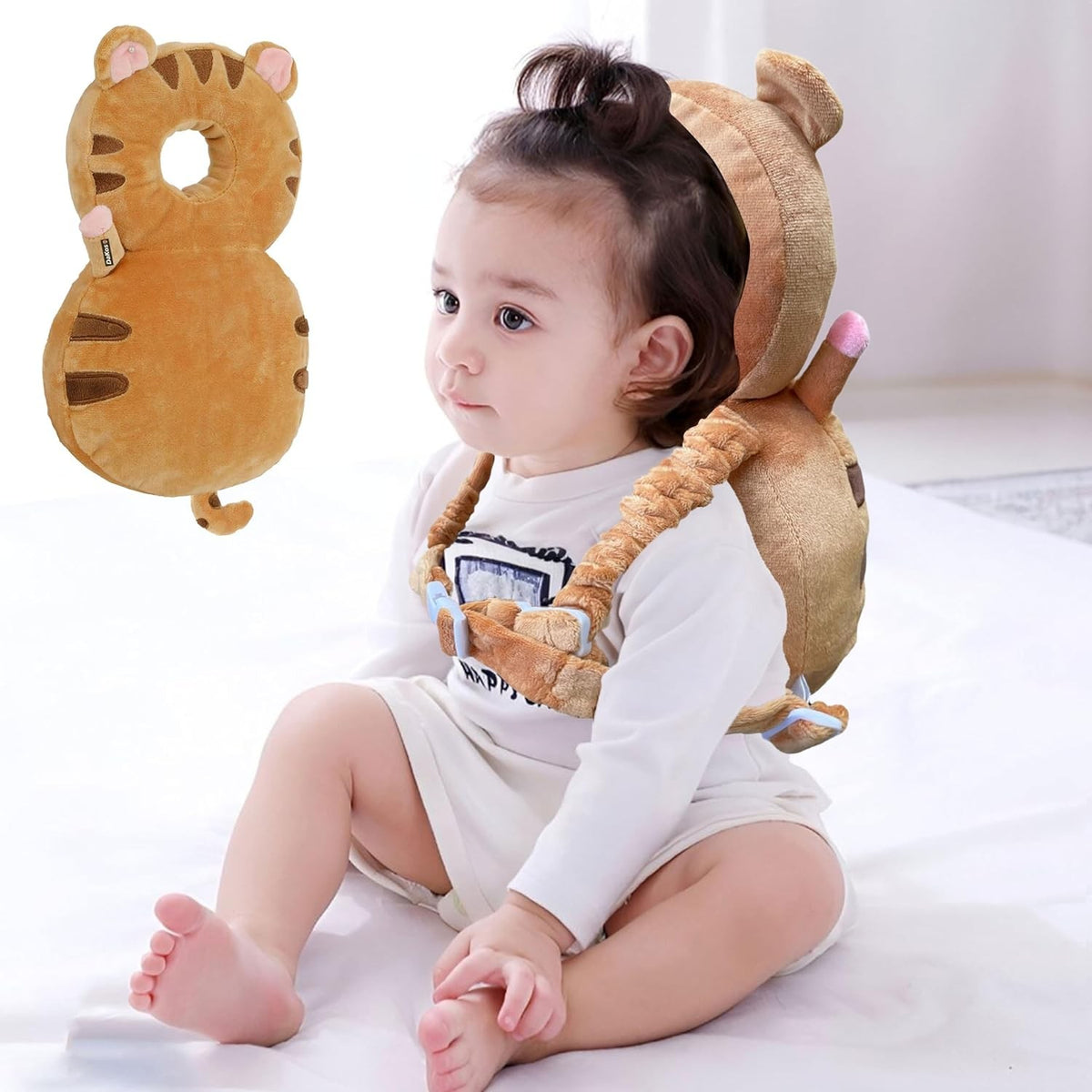 Perna Protectie Cap Bebelusi tip Rucsac, Tetiera Antireflux pentru Siguranta, Material Plus Moale cu Umplutura Bumbac, Design Tigru, Maro, 33x6x19 cm, 180 g
