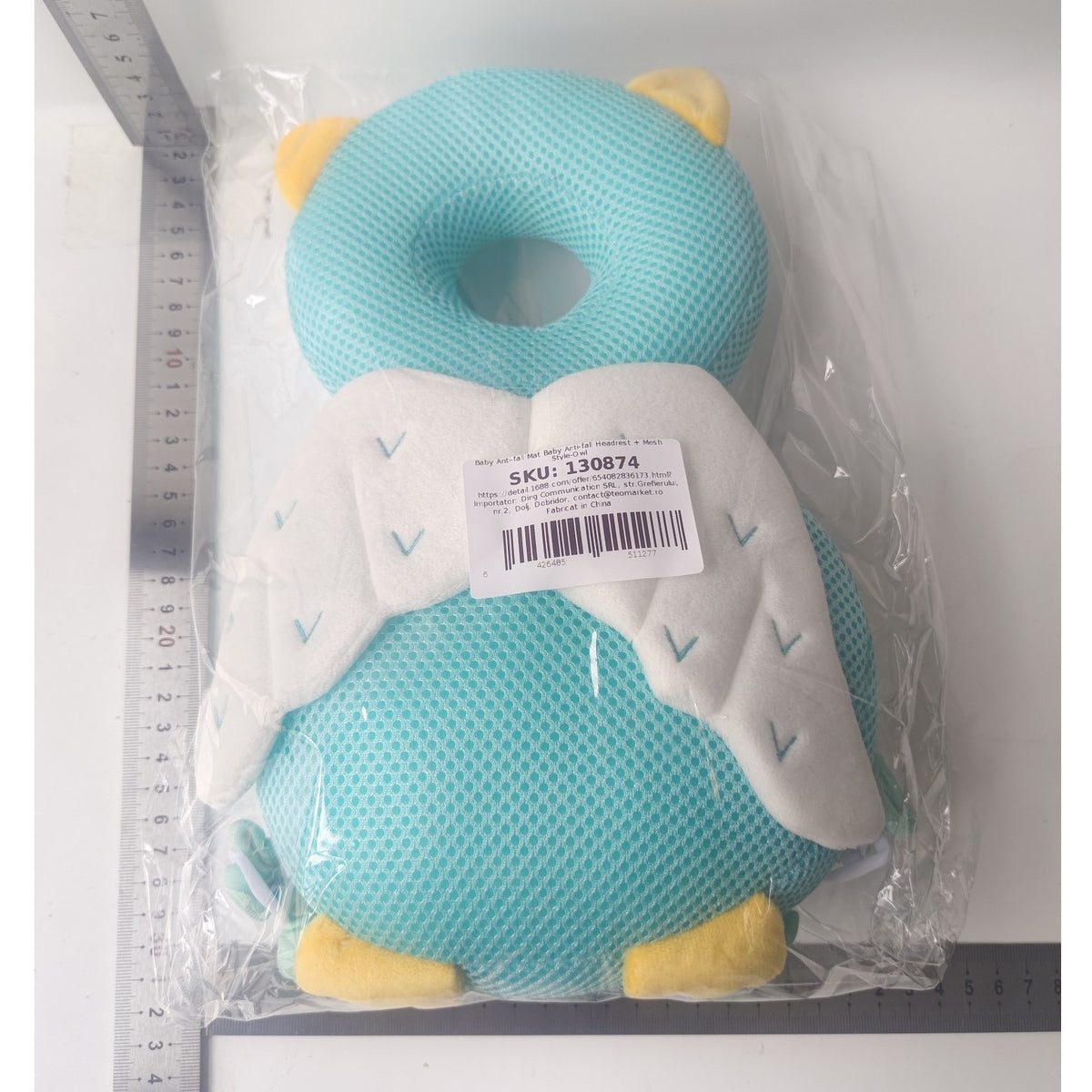 Perna Protectie Cap Bebelusi Tip Rucsac, Tetiera Antireflux din Plus Respirabil, Bretele Ajustabile, Design Bufnita, 33x19x6 cm, Albastru