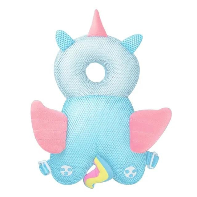 Perna Protectie Cap Bebelusi Tip Rucsac, Tetiera Protectoare Anti-Cadere, Bumbac Elastic si Plasa Respirabila, Model Unicorn, 33x19x6 cm, Albastru