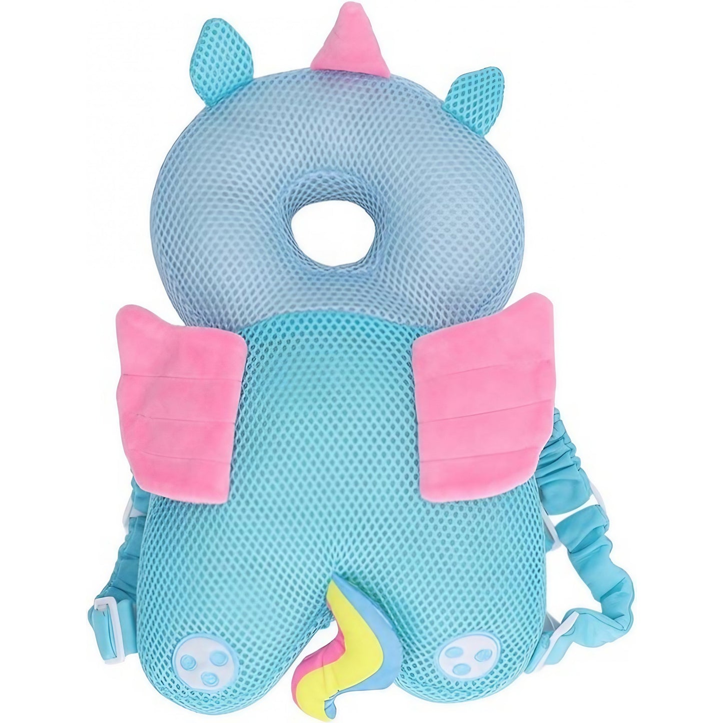 Perna Protectie Cap Bebelusi Tip Rucsac, Tetiera Protectoare Anti-Cadere, Bumbac Elastic si Plasa Respirabila, Model Unicorn, 33x19x6 cm, Albastru