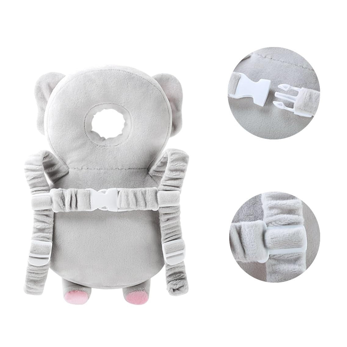 Perna Protectie Cap Bebelusi Tip Rucsac, Tetiera Antireflux din Plus cu Bretele Ajustabile, Design Elefant, Bumbac PP, 33x6x19 cm, Gri