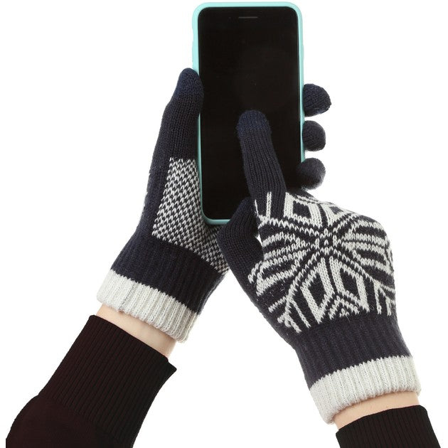 Manusi Barbati Touchscreen, Model Fulg de Nea, Tricotate din Acril cu Interior Catifelat si Manseta Elastica, Anti-alunecare, Marime Universala, Albastru Marin