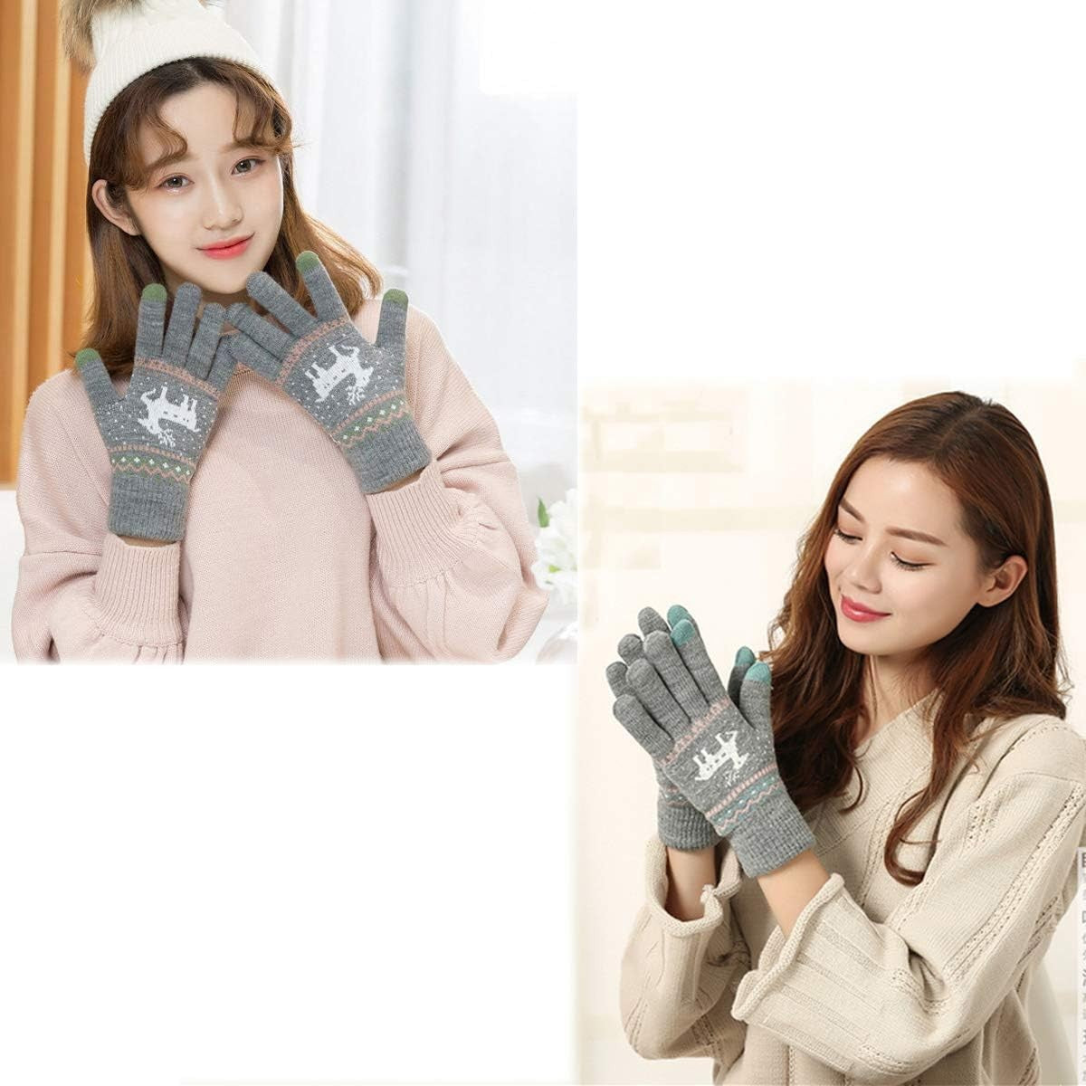 Manusi Dama Touchscreen, Model Ren cu Interior Catifelat, Acril Tricotat, Manseta Elastica, Marime Universala, Gri