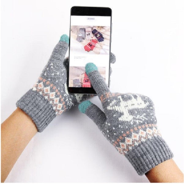 Manusi Dama Touchscreen, Model Ren cu Interior Catifelat, Acril Tricotat, Manseta Elastica, Marime Universala, Gri