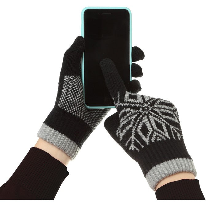 Manusi Barbati cu Functie Touchscreen, Model Fulg de Nea, Acril Tricotat cu Interior Catifelat si Manseta Elastica, Anti-alunecare, Marime Universala, Negru