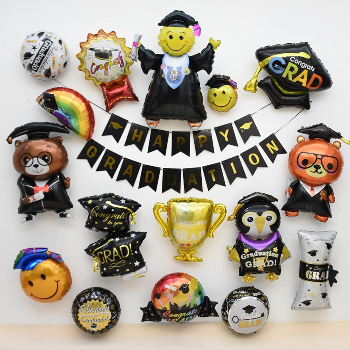 Balon Figurina din Folie Metalizata, Model Toca Congrats Grad, Tematica Absolvire, Umflare Aer sau Heliu, Include Pai, 66x66 cm, Negru