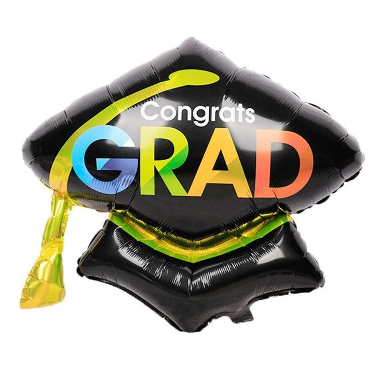 Balon Figurina din Folie Metalizata, Model Toca Congrats Grad, Tematica Absolvire, Umflare Aer sau Heliu, Include Pai, 66x66 cm, Negru