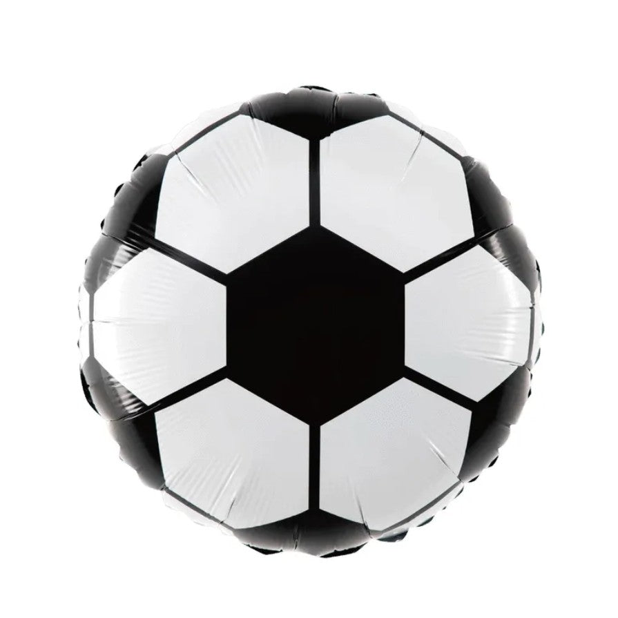 Balon din Folie Metalizata Minge de Fotbal, Figurina Rotunda Tematica Sport, Umflare Aer sau Heliu, Pai Inclus, 45 cm, Alb-Negru