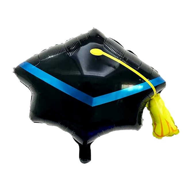 Balon Figurina din Folie Metalizata, Model Toca Congrats Grad, Tematica Absolvire, Umflare Aer sau Heliu, include Pai, Negru si Albastru, 56x70 cm