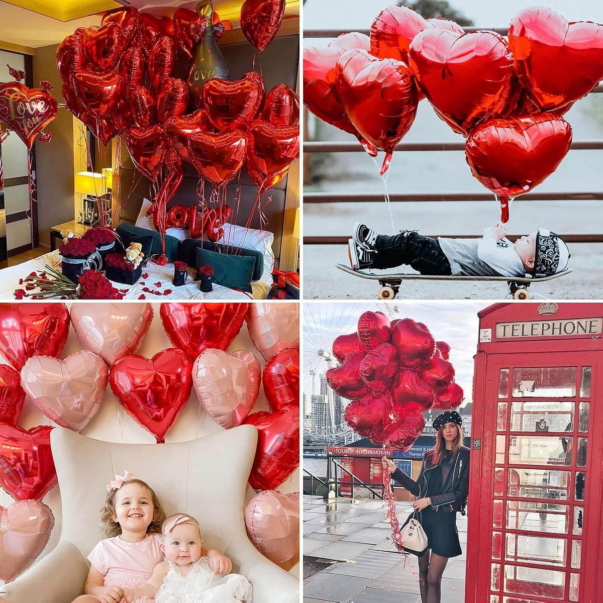 Balon din Folie Metalizata Inima, Figurina Tematica Iubire, Rezistent la Aer si Heliu, Include Pai Umflare, Rosu, 40 cm