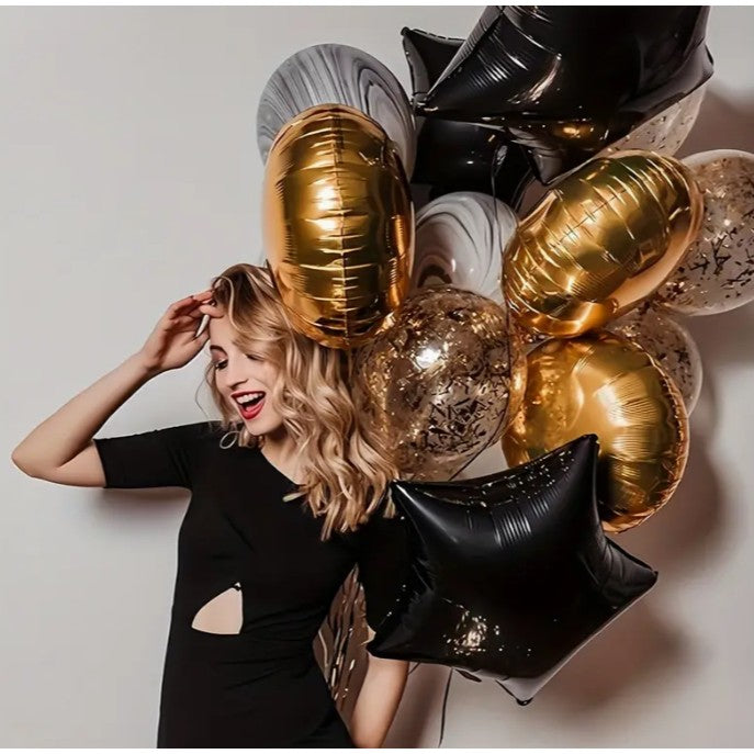Balon din Folie Metalizata in Forma de Stea, Figurina Aniversara, Material Rezistent, Umflare Aer sau Heliu, Pai Inclus, 40 cm, Negru