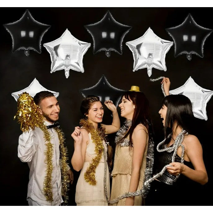 Balon din Folie Metalizata in Forma de Stea, Figurina Aniversara, Material Rezistent, Umflare Aer sau Heliu, Pai Inclus, 40 cm, Negru